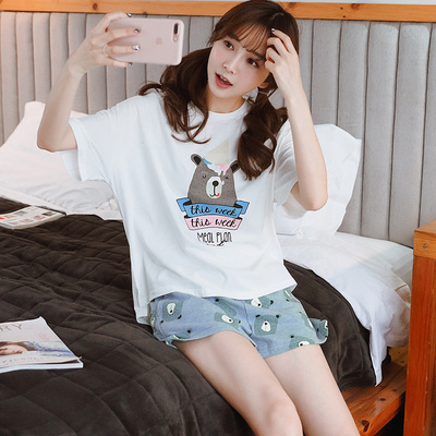 睡衣女夏季纯棉短袖短裤韩版甜美可爱卡通清新学生家居服两件套装