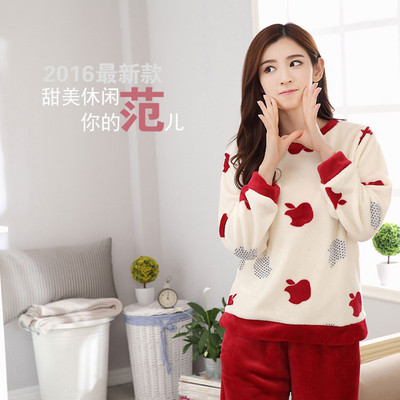 秋冬季珊瑚绒睡衣女士韩版卡通可爱法兰绒套装加厚保暖长袖春秋季