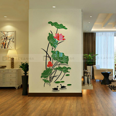 亚克力3d立体背景墙贴绿色新中式防水贴纸客厅玄关房间墙壁装饰品