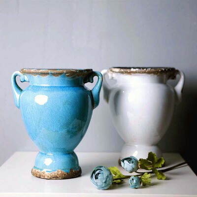 美式乡村欧式地中海 复古做旧冰裂双耳陶瓷花瓶花盆花器摆件 大号