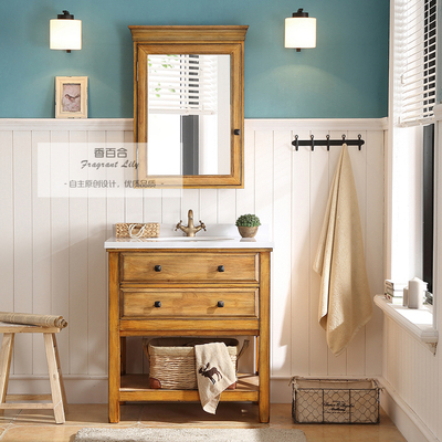美式做旧实木浴室柜组合落地式卫生间橡木洗手洗脸盆洗漱台卫浴柜