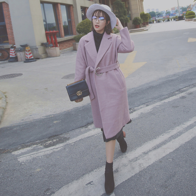 毛呢外套中长款女2016秋冬季韩版新款修身纯色翻领系带呢子大衣