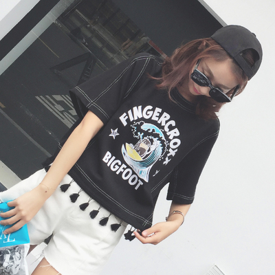 2016夏季新款流苏时尚五分袖T恤韩版宽松字母印花短袖黑色女上衣