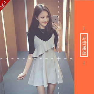 秋季新款2016韩版纯色针织吊带连衣裙女气质套装裙高腰a字短裙子