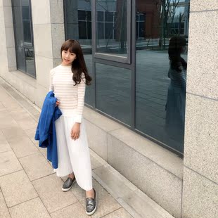 实拍2016韩国thx giving春新款显瘦撞色条纹长袖女式针织衫打底衫