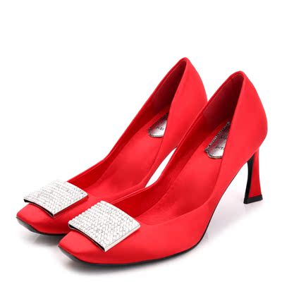 2016欧美高跟鞋水钻方扣弯跟方头浅口女单鞋绸缎水晶性感红色婚鞋