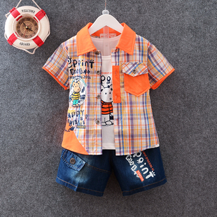 男童装夏装套装格子衬衫1-2-3岁宝宝短袖纯棉小童夏天三件套衣服