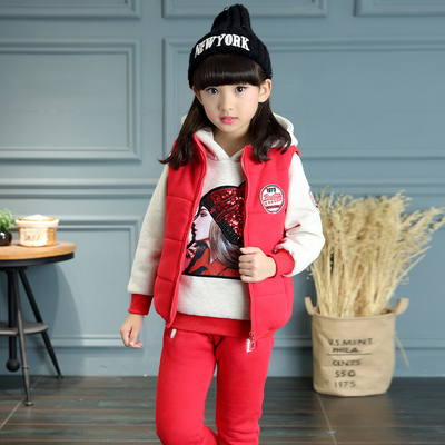 女童加绒加厚卫衣三件套装2016新款韩版儿童冬季保暖中大童运动装