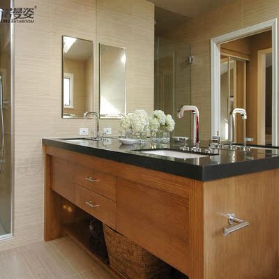 现代简约中式卫浴室柜组合落地大理石台盆橡木定做洗手漱脸面双盆
