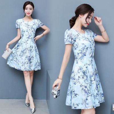 夏季中青年女装韩版雪纺妈妈连衣裙中长款修身大码气质短袖印花裙