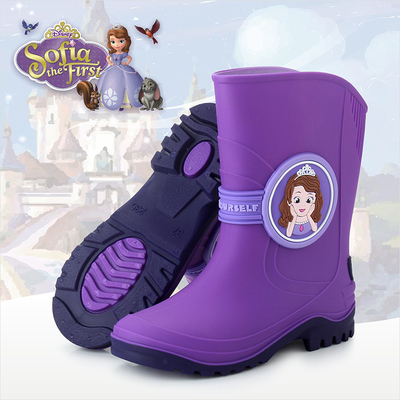 新款迪士尼儿童雨鞋女童水鞋苏菲亚公主保暖加绒卡通四季小孩雨靴