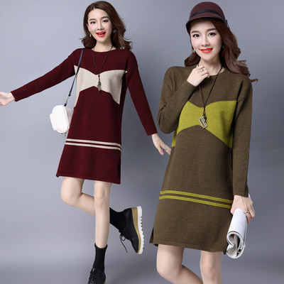 秋冬新款女装韩版时尚打底衫中老年修身显瘦开叉针织衫套头毛衣裙