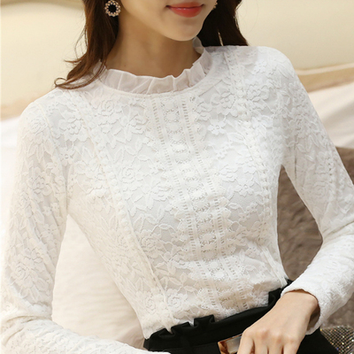 2016秋冬新款韩版纯色蕾丝打底衫长袖女士立领衬衫上衣大码修身潮