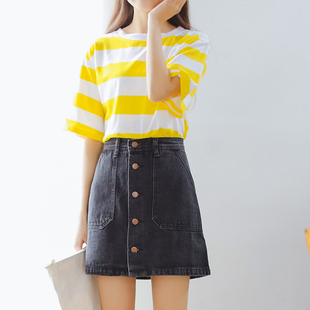 2016夏季新款原宿风条纹T恤+单排扣短裙套装女学生半身裙两件套潮
