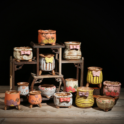 陶瓷花盆 韩式手绘浮雕粗陶透气多肉植物花盆 个性手工陶瓷拇指盆
