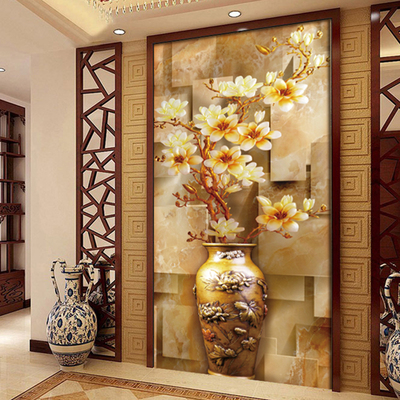 中式花瓶玉雕玉石背景墙布3D无缝定制玄关壁画过道玄关走廊墙纸布