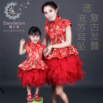 中大女童新款旗袍裙红色中国风亲子唐装儿童古筝比赛公主裙演出服