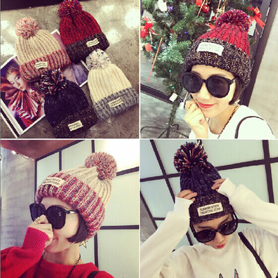 冬季新款韩版加厚保暖毛线帽可爱混色贴布大毛球加绒针织帽子女潮