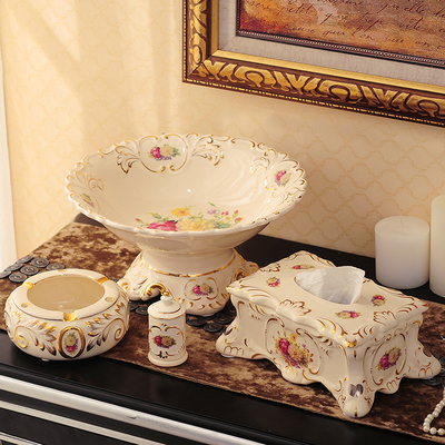 欧式奢华陶瓷水果盘三件套装纸巾盒烟灰缸客厅茶几创意装饰品摆件