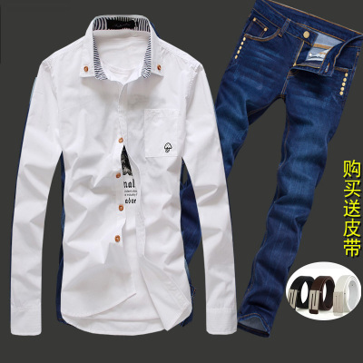 春秋季韩版男式装长袖衬衫牛仔长裤子男一套装休闲寸衫衬衣服外套