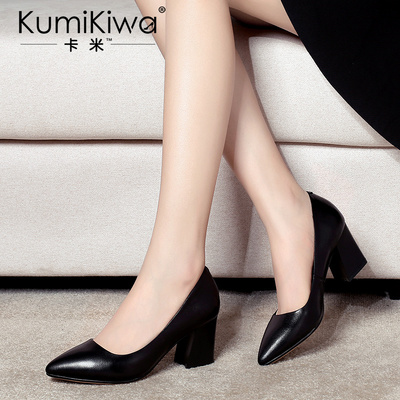 KumiKiwa2016春新款真皮浅口黑色高跟鞋女优雅职业尖头粗跟女单鞋