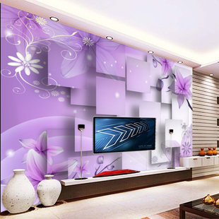 3d立体壁画客厅卧室电视背景墙纸壁纸紫色百合温馨无纺布墙布壁画