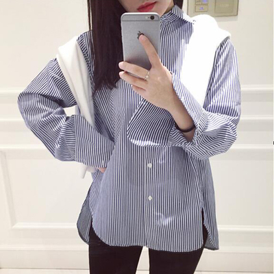 2016韩版宽松蓝白条纹衬衫女秋装新款长袖翻领学院风打底衬衣上衣