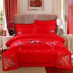 婚庆四件套大红蕾丝刺绣纯棉贡缎被套100%全棉床单式2/2.2米套件