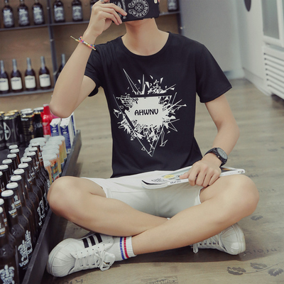 男士夏季圆领短袖t恤韩版学生修身体恤青少年纯棉上衣服男装t桖潮