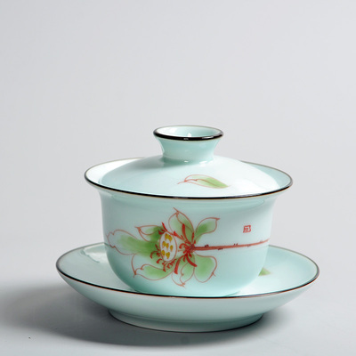 青瓷手绘三才盖碗釉下彩陶瓷功夫茶具单品三才碗敬茶碗泡茶碗特价