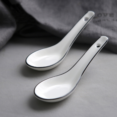 小汤勺2只装 北欧简约黑线陶瓷长柄调羹日式创意骨瓷勺子套装饭勺