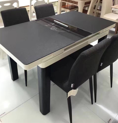 黑白色火烧石玻璃带电磁炉拉桌餐桌1.1米1.4米实木架可伸缩防划伤