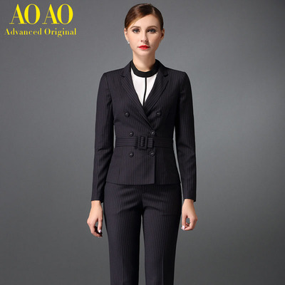 AOAO高档条纹新款OL商务女装 套装女 双排扣白领修身职业装套裤