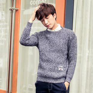 秋季韩版青年男士圆领贴布纯色针织毛衣  修身显瘦有型休闲潮