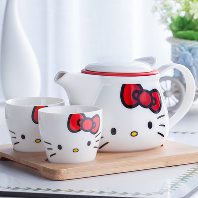 HELLO KITTY 凯蒂猫 创意陶瓷茶具套装木质茶盘