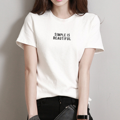 新款夏装上衣印花字母短袖棉T恤韩国修身显瘦圆领白色体恤女学生