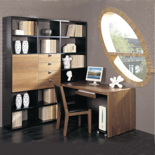 简欧书柜简约现代书桌书柜组合黑胡桃木书柜板式书橱 书架定制