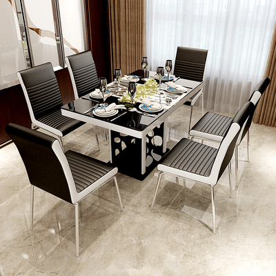 简约现代餐桌椅组合钢化玻璃烤漆不锈钢饭桌子餐厅宜家铁艺小户型