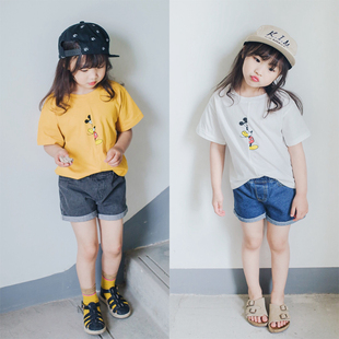 韩国童装17春夏男女童圆领拼接卡通t恤儿童错版米奇印花短袖上衣