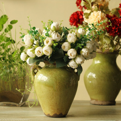 美式法式乡村地中海做旧陶瓷花瓶暗绿色复古花瓶花器