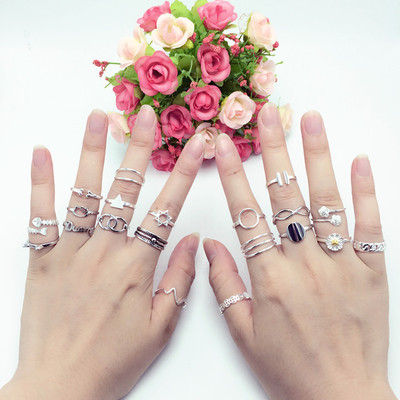 s925纯银戒指男女几何形关节戒日韩国复古开口组合潮人个性食指环