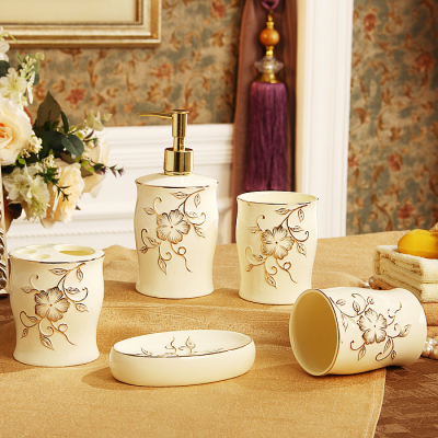欧式陶瓷象牙瓷卫浴创意洗手液瓶刷牙杯漱口杯五件套装卫生间摆件