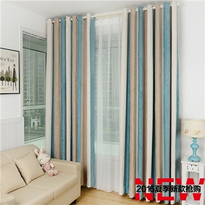 定制现代简约卧室客厅遮光雪尼尔地中海蓝色条纹加厚遮光窗帘成品
