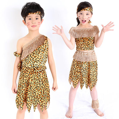 六一儿童猎人野人表演服装非洲部落印第安人豹纹装舞蹈演出服