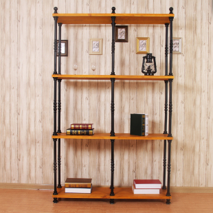 2016新款美式乡村实木书架铁艺书柜客厅创意置物架落地架做旧桔色