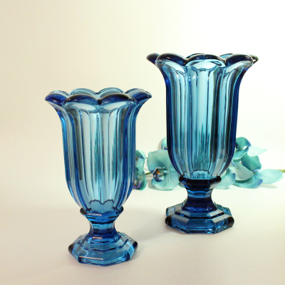 美式复古玻璃花瓶 浮雕加厚蓝色透明百合插花时尚大花瓶 中秋新品