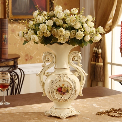 欧式奢华花瓶摆件复古高温象牙陶瓷工艺品纯手工描金花插客厅装饰