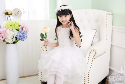 新款女童蓬蓬裙白色纱裙演出服 儿童短袖连衣公主裙花童礼服