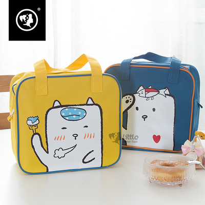 韩版饭盒袋牛津布方形便当包可爱加厚双层手提包大号卡通猫咪女包