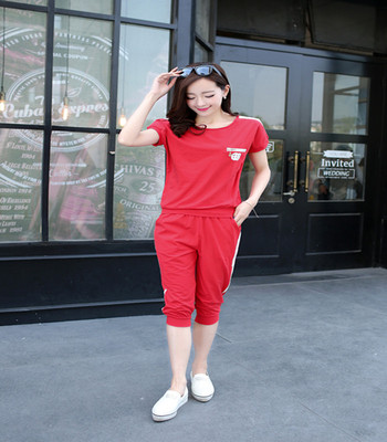 2016夏装新款韩版修身大码纯棉女装七分裤休闲运动套装两件套跑步